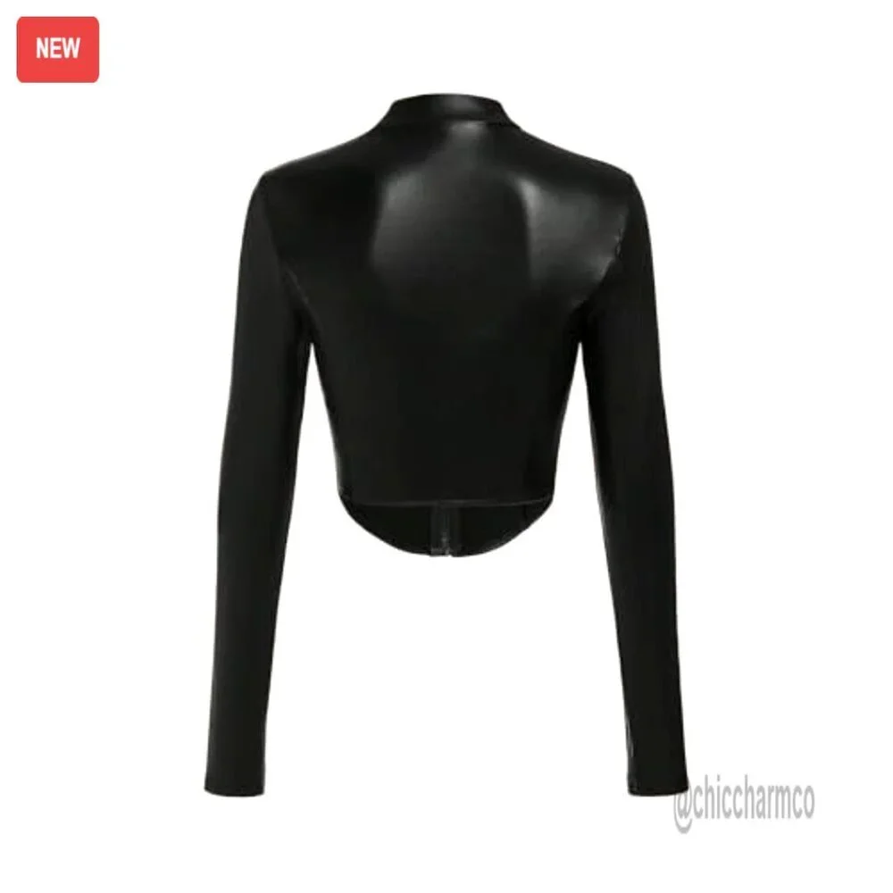 Leather Cropped Jacket Zip Up Outerwear Long Sleeve Stand Collar - Picture 3 of 6